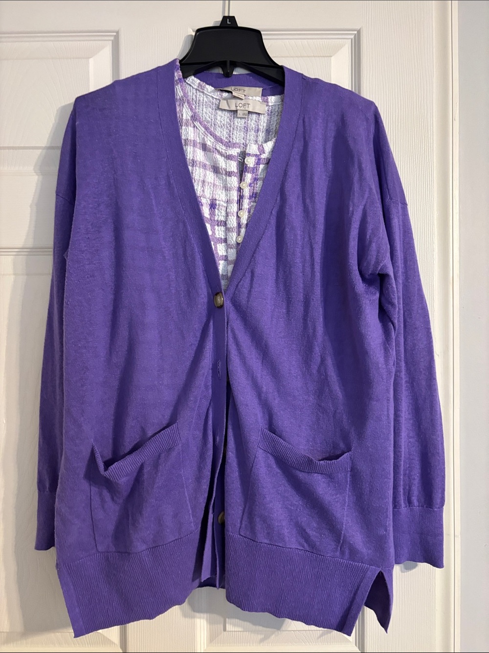 LOFT Violet Open V-Neck Button Cardigan